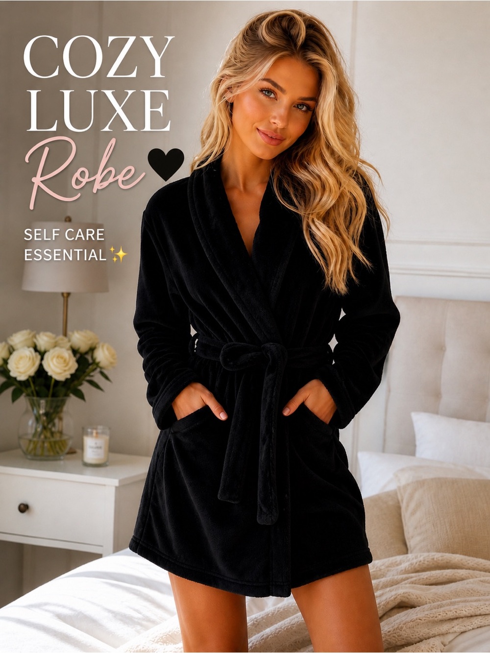 Victoria’s Secret Plush Robe Black M/L Cozy Soft Lounge Belted